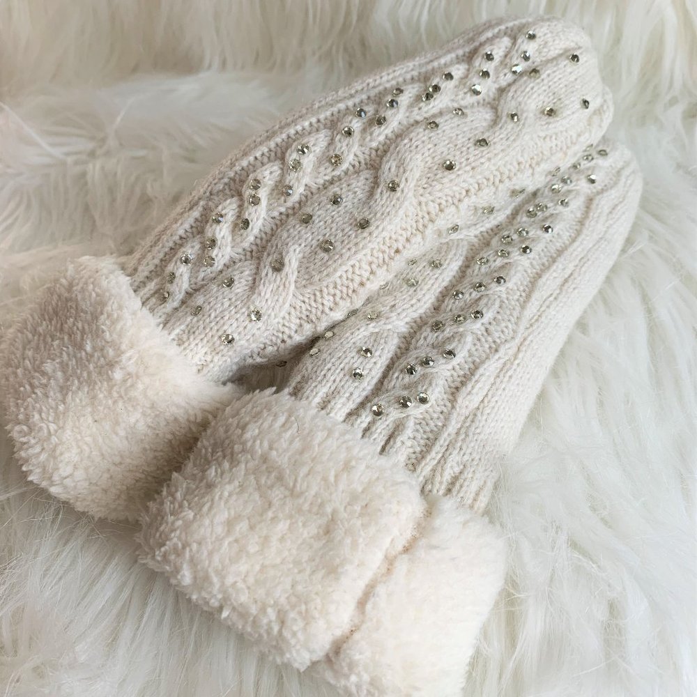 White Rhinestone Winter Mittens - NEW